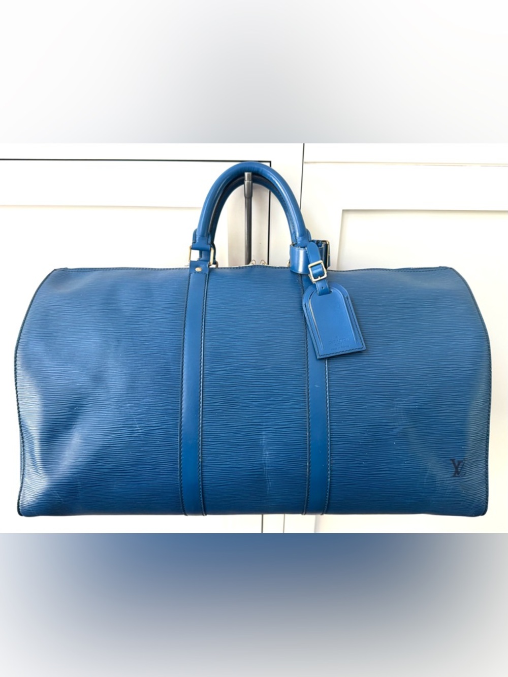 LOUIS VUITTON Keepall 50 Blue Epi Leather Travel Duffle Bag Weekender + Tag
